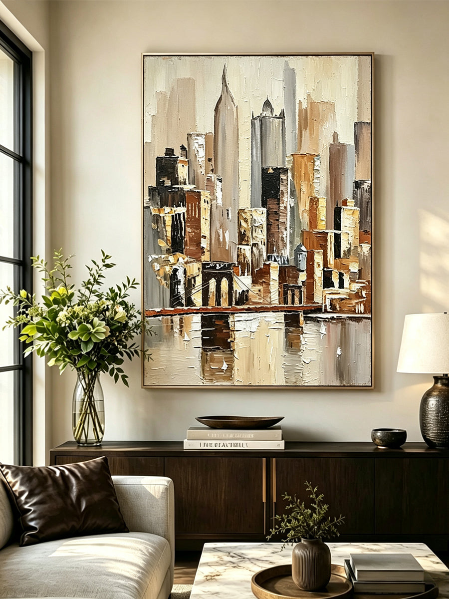 Abstract hand-drawn painting of a cityscape
